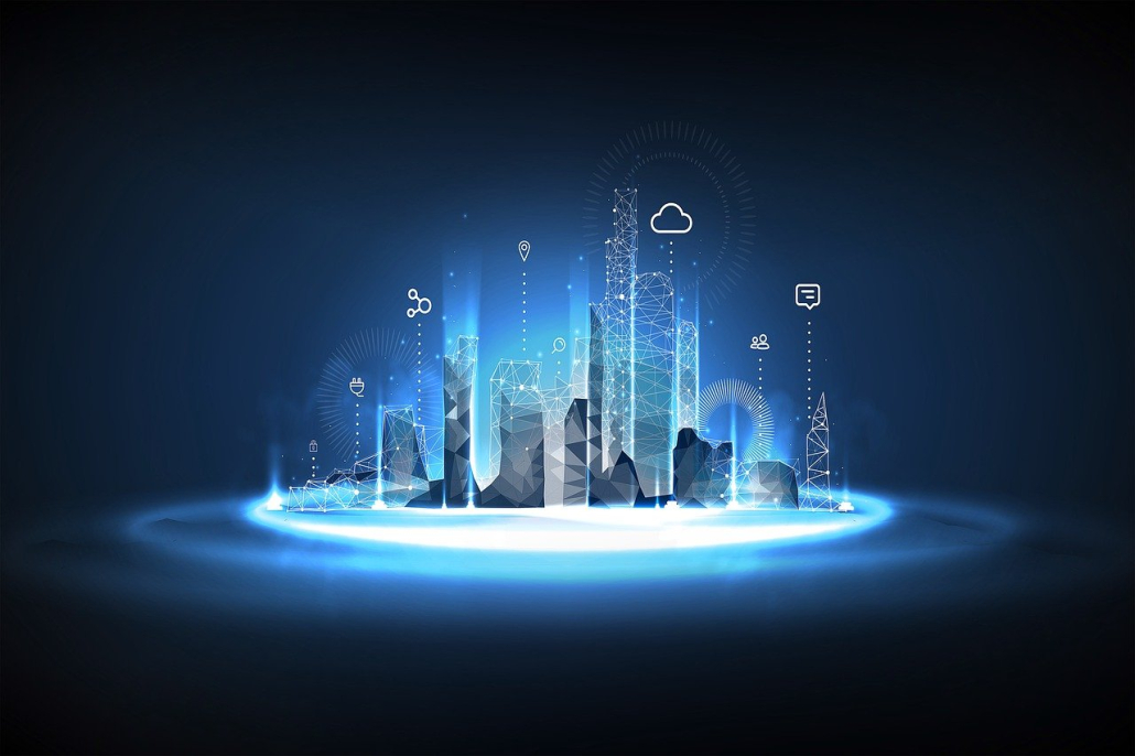 futuristic city design with icons representing connectivity and technology