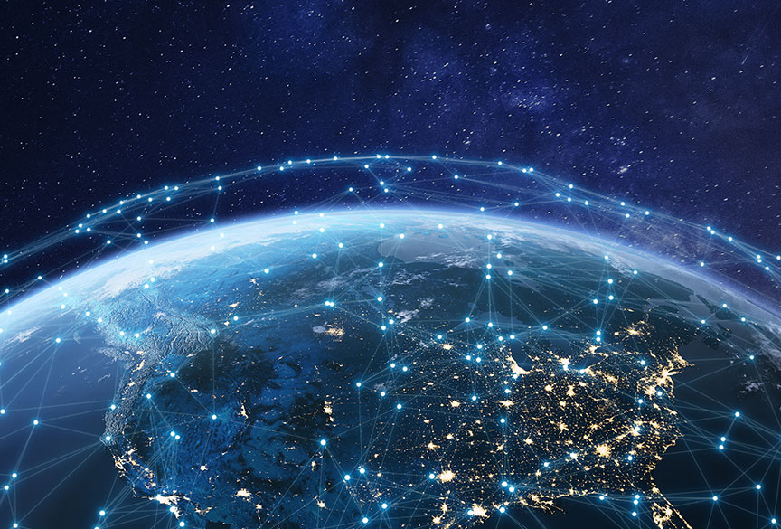 digital image of Earth with network lines and starry background