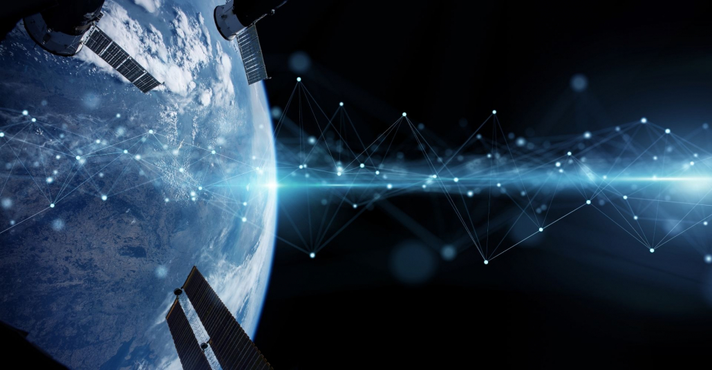 An image of satellites orbiting Earth with digital lines