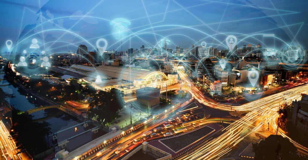 A cityscape with digital lines and icons