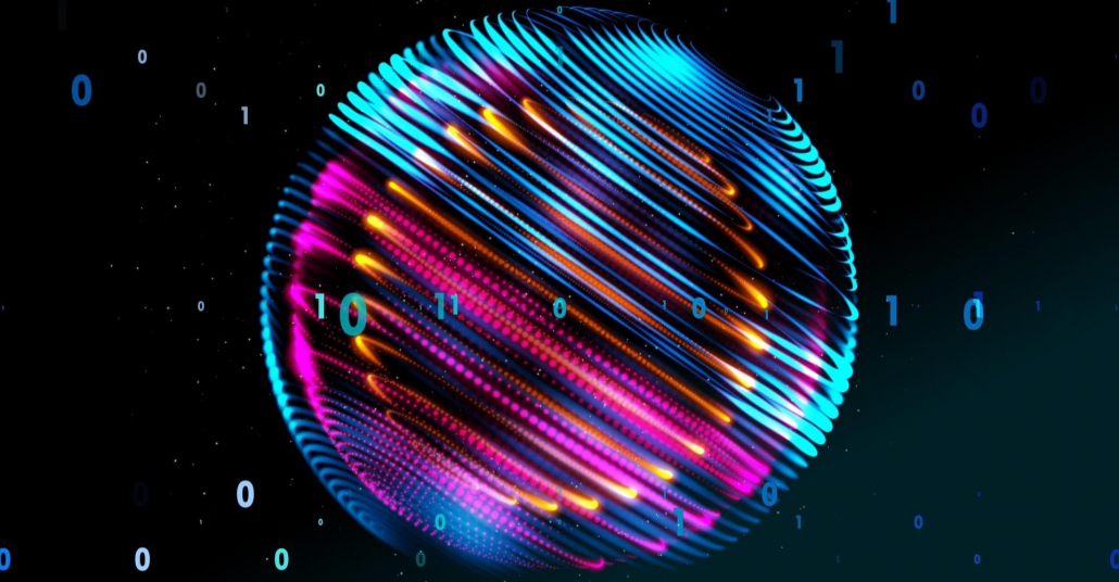 A circular digital object in pink and blue, with binary code displayed in front, set against a black background