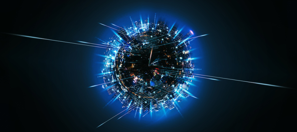 futuristic, digital circular object with blue outlines and digital lines on a black background