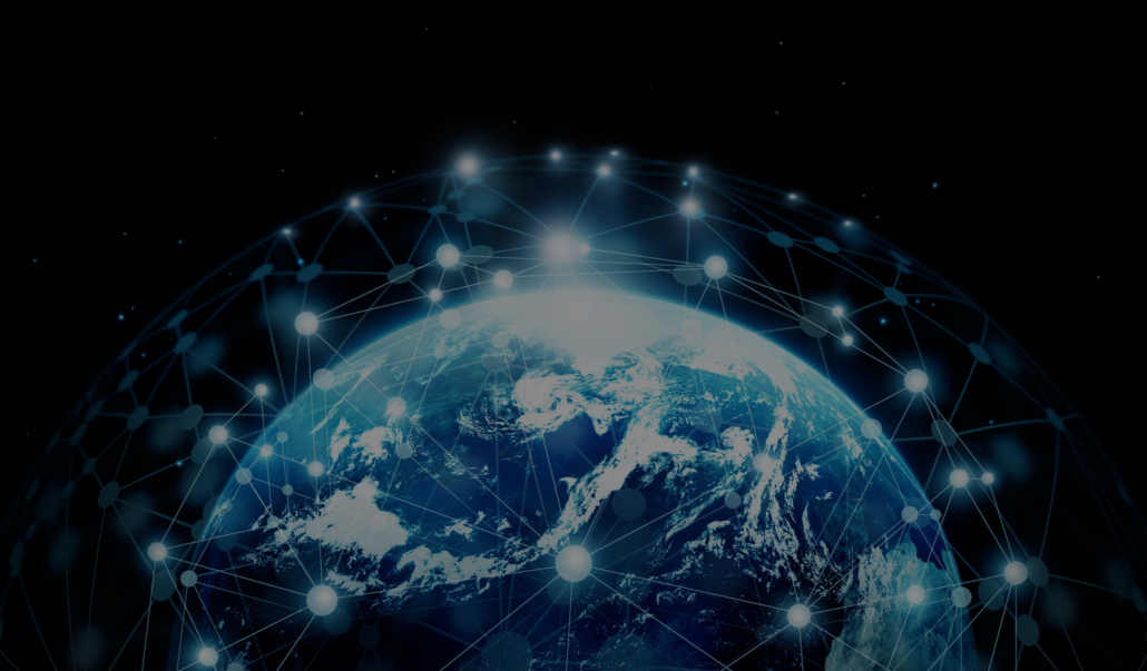 A digital representation of Earth with glowing digital lines overlaying the planet