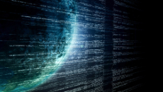 A digital image of Earth with a wall of code-like patterns