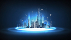 futuristic city design with icons representing connectivity and technology
