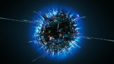 futuristic, digital circular object with blue outlines and digital lines on a black background