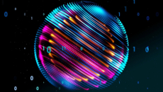 A circular digital object in pink and blue, with binary code displayed in front, set against a black background