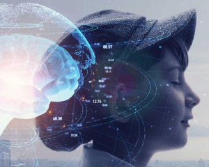 a child’s head with a glowing brain illustration symbolizing artificial intelligence