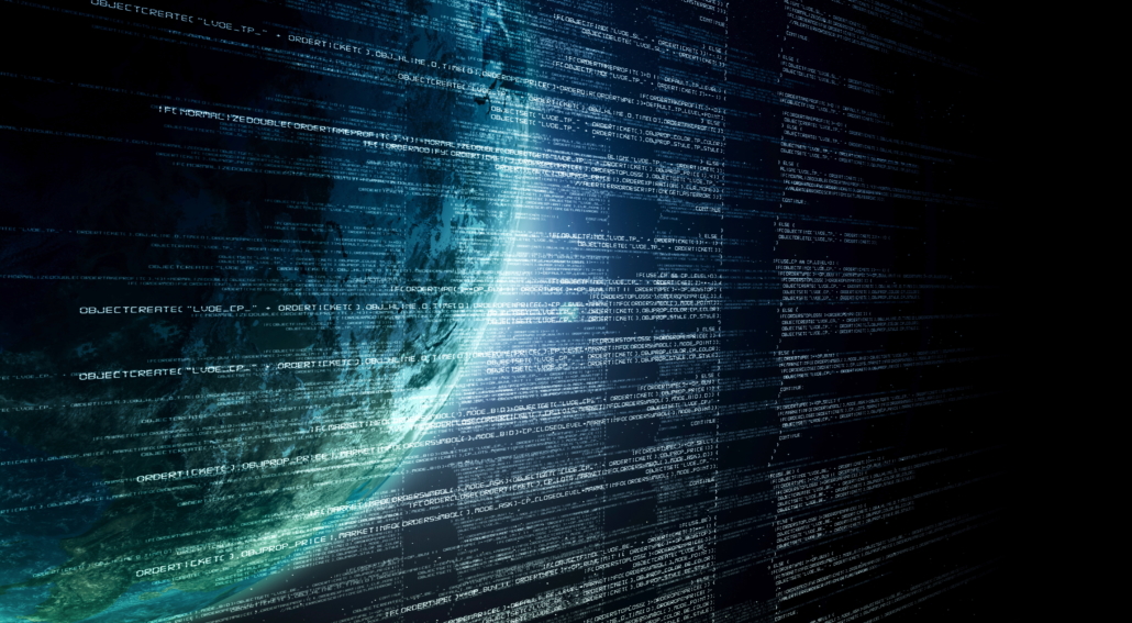 A digital image of Earth with a wall of code-like patterns