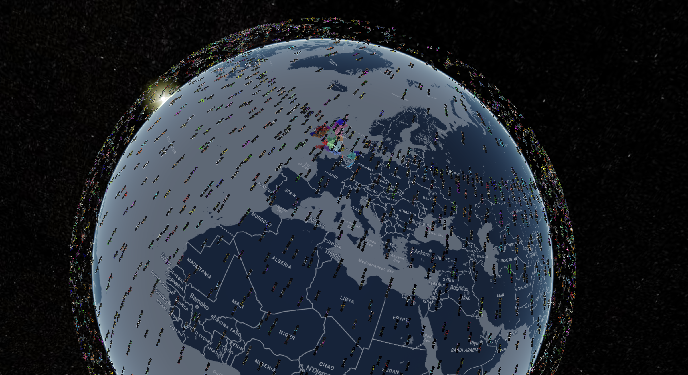 Satellites orbiting around Earth simulated