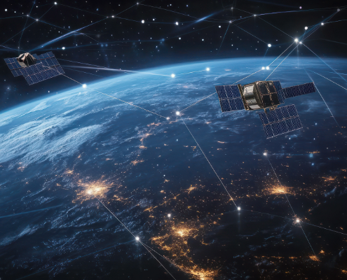 Satellite constellation flying over Earth