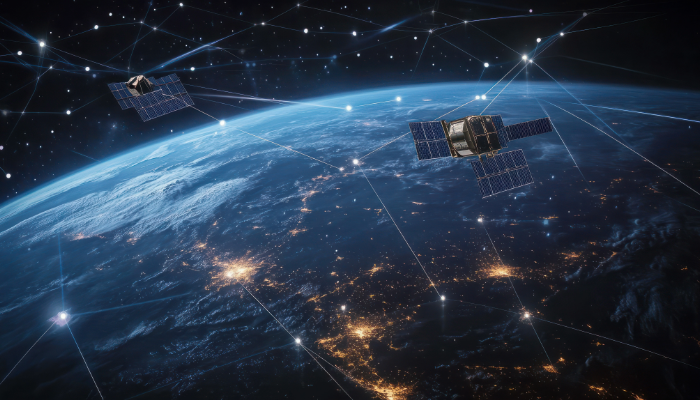 Satellite constellation flying over Earth