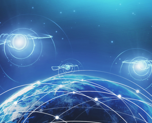 Digital satellite constellation flying over the Earth