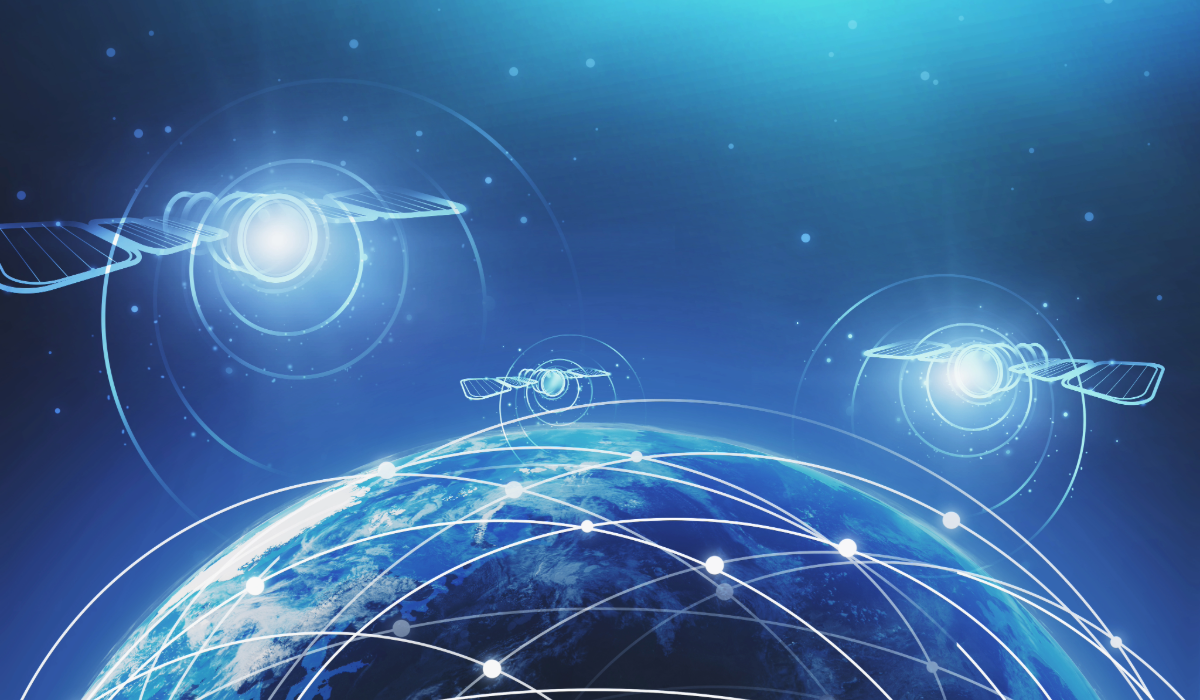 Digital satellite constellation flying over the Earth