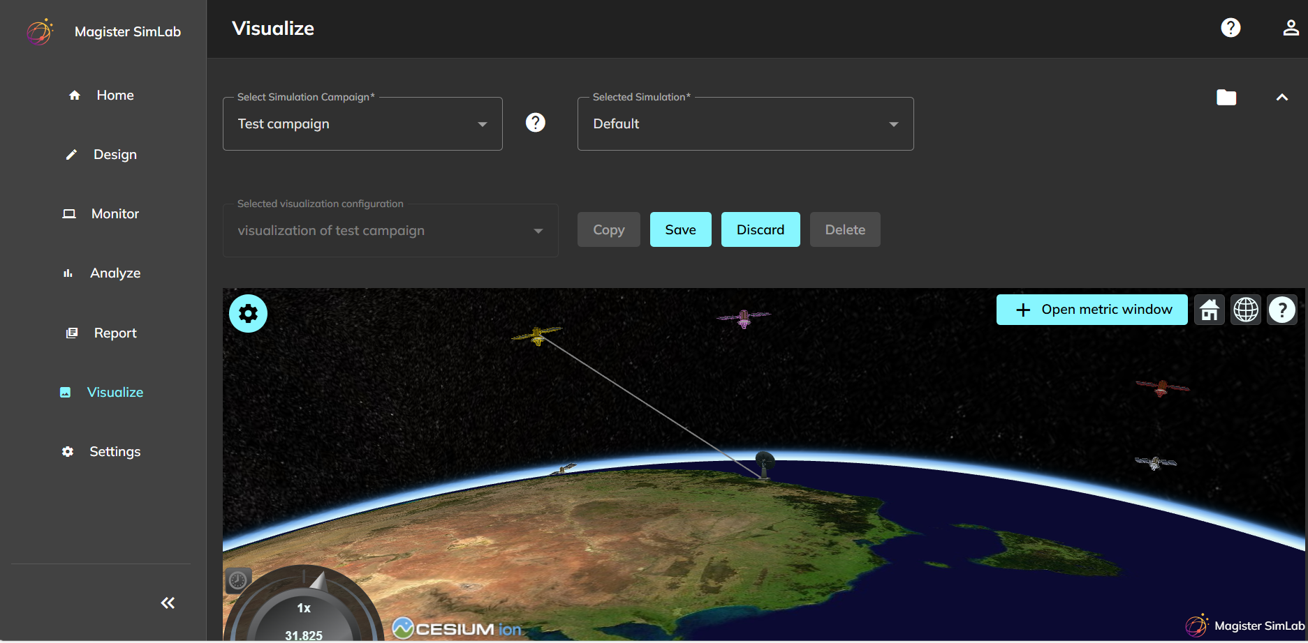Overview of a satellite simulation platform with four panels labeled Design, Monitor, Analyze and Visualize, each with a corresponding screenshot of the platform.
