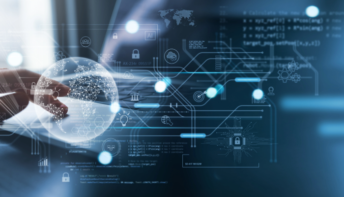 computer with digital lines and globe