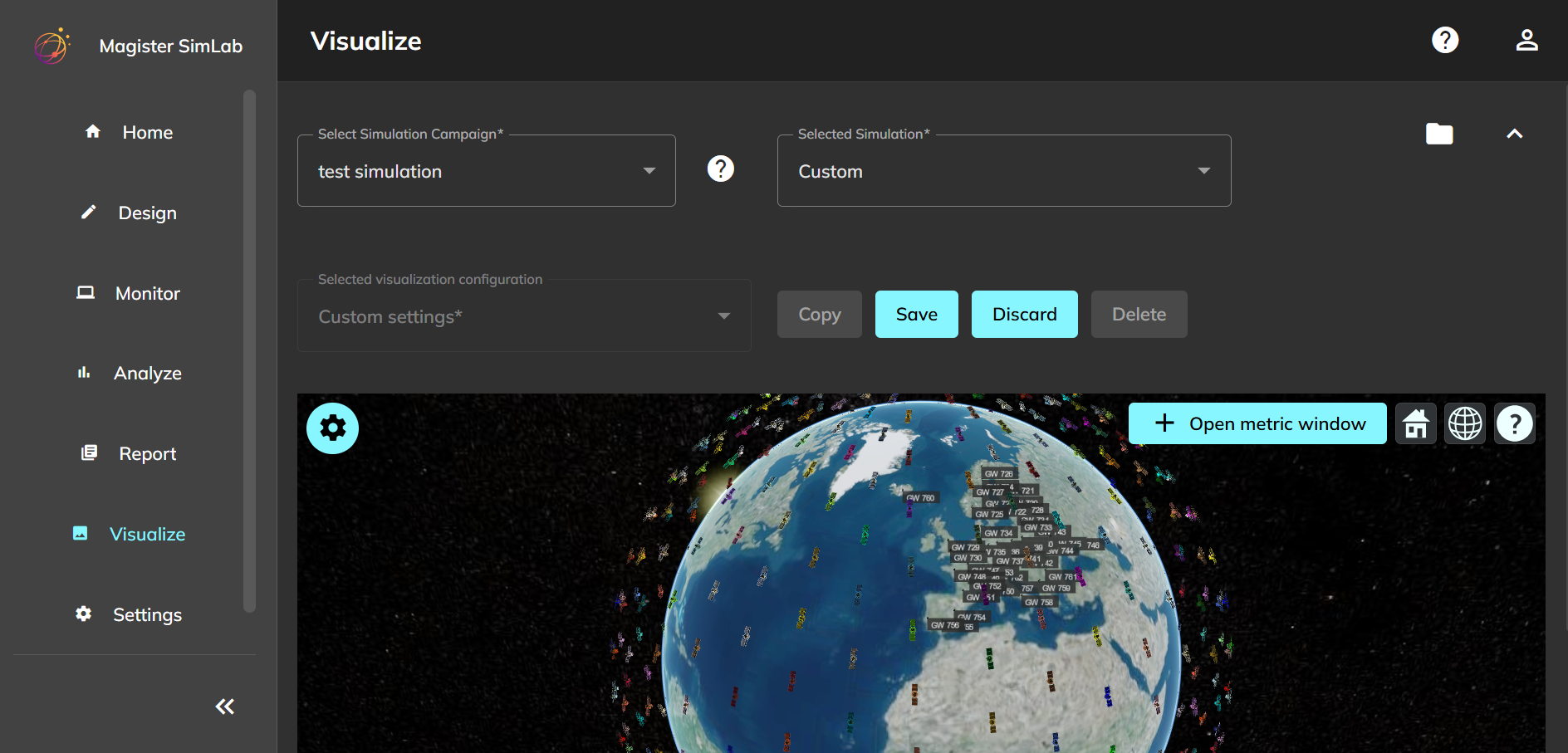 Magister SimLab user interface and satellite constellation visualization