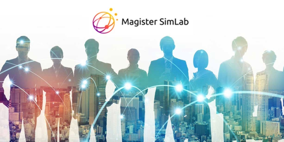 Silhouettes of business people standing side by side, with reflections of a modern city skyline. Blue sparkle-like connection lines link the figures, set against a white background with the Magister SimLab logo at the top.