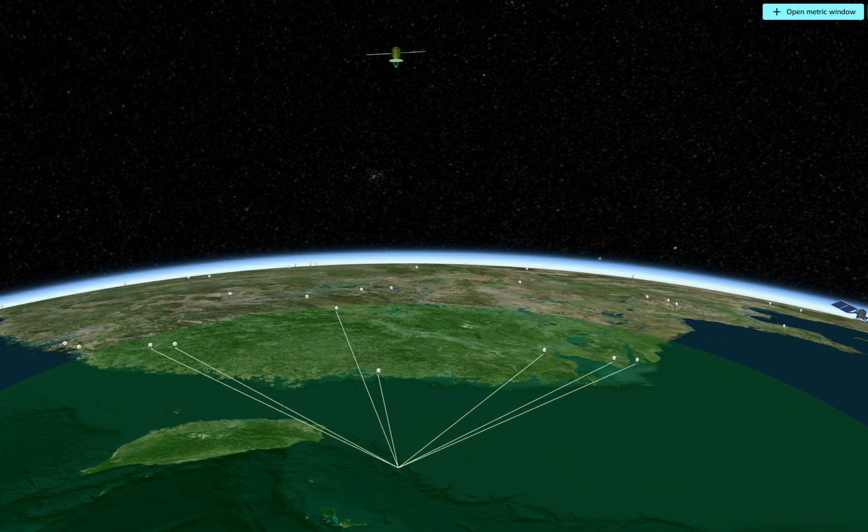 c-dream simulation One satellite hovering over various user devices, with a green area representing coverage