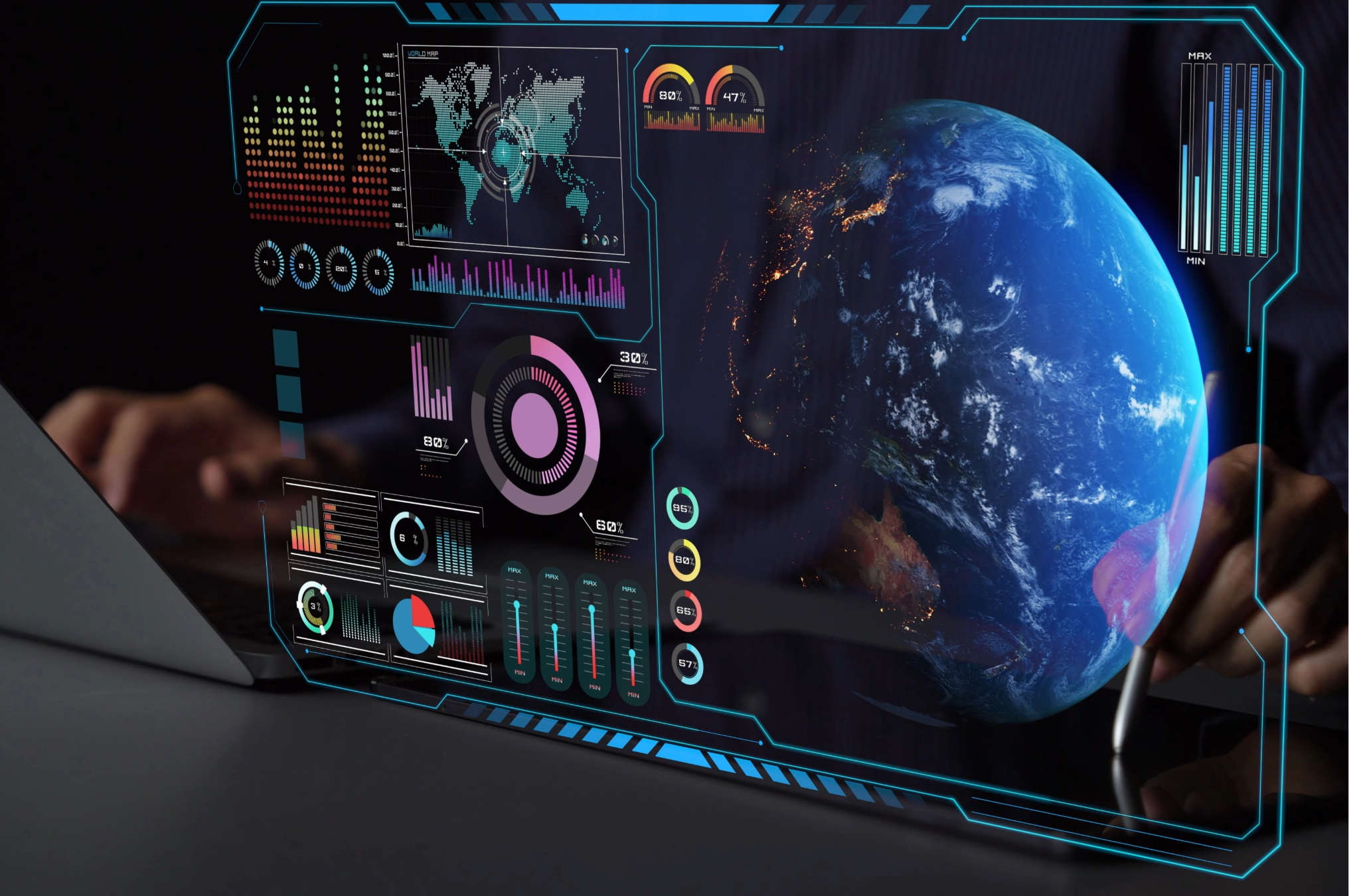 Dashboard with an image of the Earth, global map, and various charts and metrics