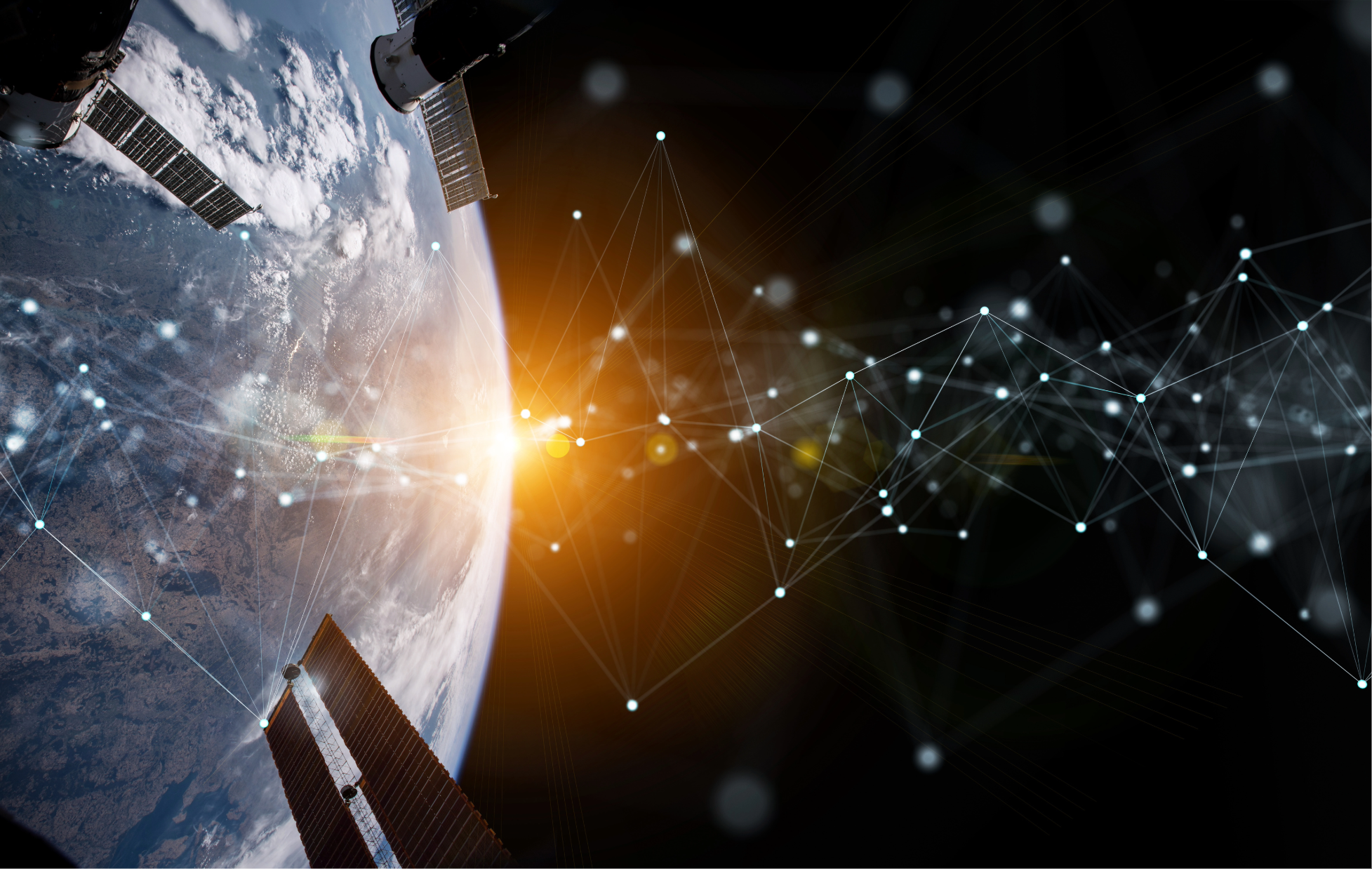 image of satellites orbiting the Earth with digital connectivity lines